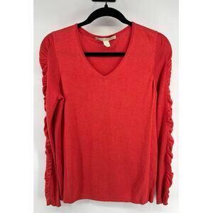 Belford Women's Silk Blend Ruffle Sleeve Sweater Size M Red V-Neck